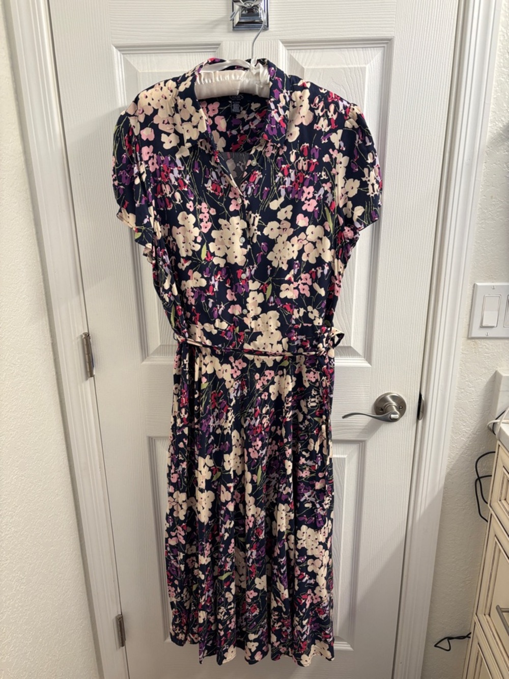 Women's CHAPS Floral Navy Midi Dress with Pink and Cream Blossom Print- Size XL